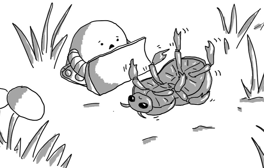 An upturned beetle lying in an area of dirt with tufts of grass and some mushrooms growing nearby, waggling its legs and looking sad. A rounded robot with tracks and a large bulldozer blade on its front is approaching with a concerned expression on its face.