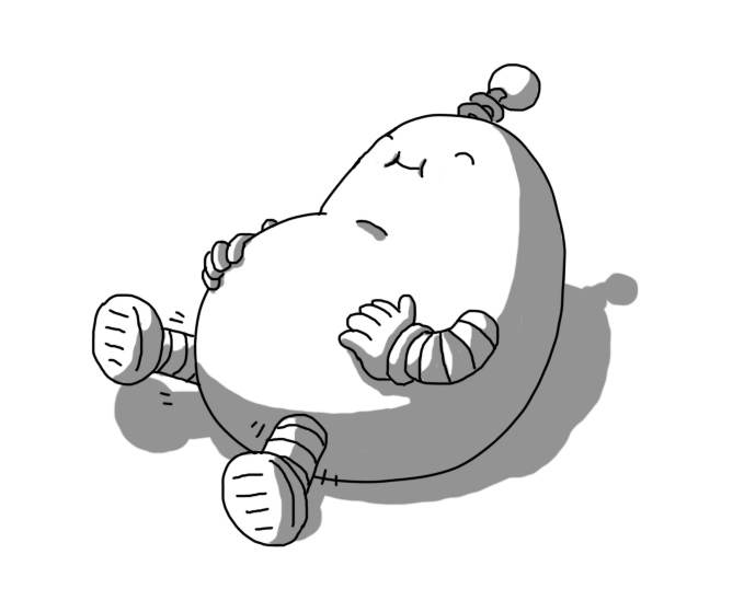 A bean-shaped robot with a swollen belly, banded arms and legs and a coiled antenna. It's reclining on its back, waggling its legs and holding its tummy, smiling happily with its eyes closed.