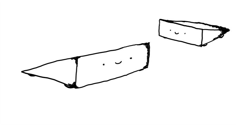 Two wide, wedge-shaped robots with wheels on the bottom and smiling faces on the front.