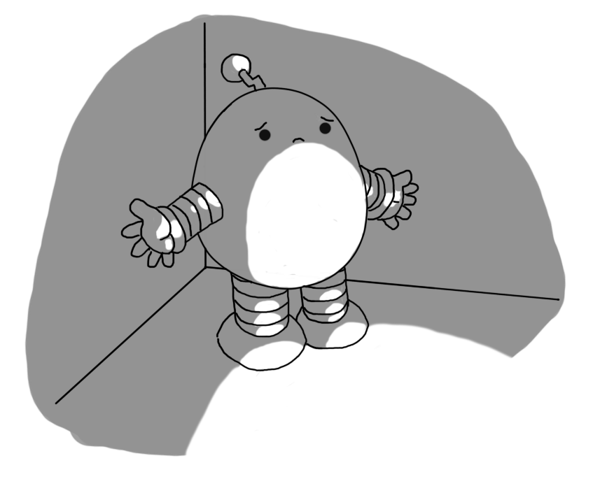 An ovoid robot with banded arms and legs and a zigzag antenna, standing in a shadowed corner with its hands held out, looking very sad.