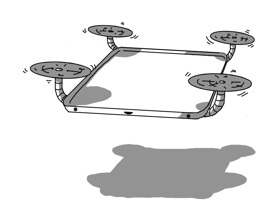 A robot in the form of a flat, square tray with rounded corners and an angled lip around its edge. Four banded arms extend from each corner, attached to the invisible underside of the robot, each of which ends in a little propeller, holding it aloft. The robot's face is on the front edge of the tree, the eyes quite close to the corners, with a little smiling mouth in the middle.