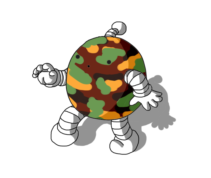 A spherical robot with banded arms and legs and an antenna. It's creeping along, and its surface is covered in a classic woodland camouflage pattern.