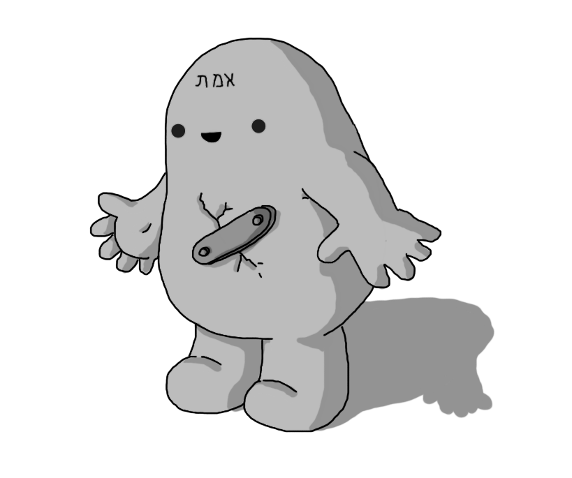 A chubby, amorphous robot with integrated limbs, resembling a friendly version of the traditional Jewish golem. It has a crack on its chest patched up with a curved strip of metal, bolted in place, and Hebrew lettering on its forehead: אמת which means "truth". It's smiling quite happily.