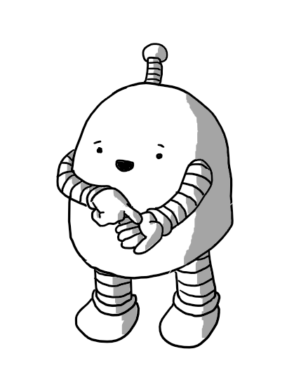 A round-topped robot with banded arms and legs and an antenna explaining something and jabbing its index finger into its palm as if listing things.