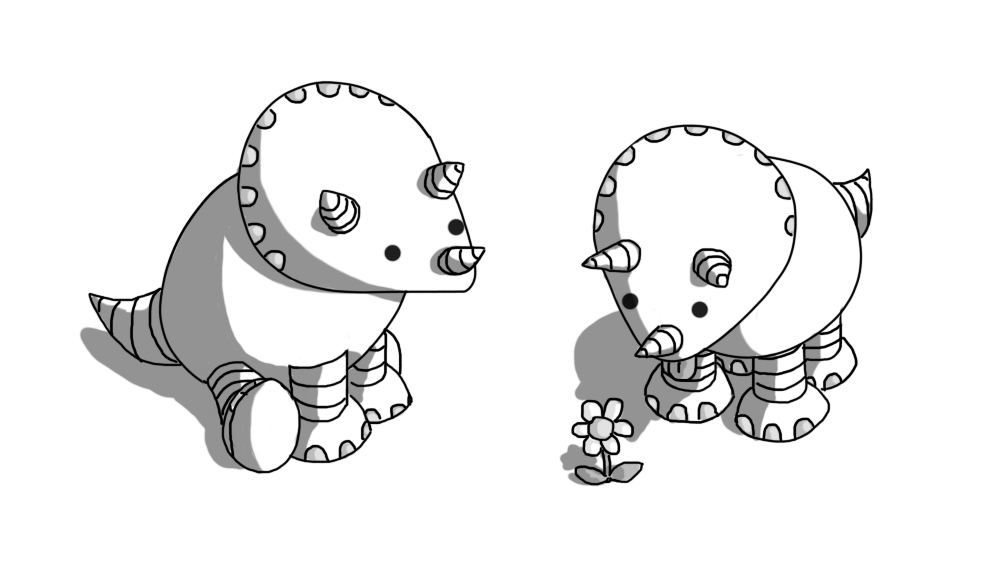 Two robots in the form of Triceratops. They have ovoid bodies and banded legs and tails, with three horns on their roughly conical heads. One is standing, looking down at a flower and sticking out its tongue, while the other is sitting on the ground, tilting its head slightly and looking at the same flower.