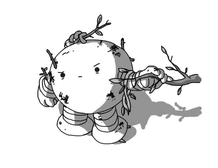 A grumpy looking round robot with banded arms and legs, pushing a branch out of the way and peering around it. There are various scraps of foliage tangled around its limbs and antenna and scuffs and dents on its casing.