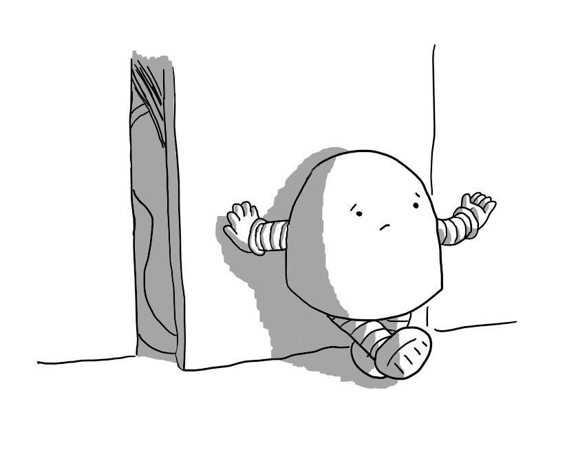 A round-topped robot with banded arms and legs, leaning nonchalantly against a closet door and holding out one hand in a helpless shrug. Just visible behind the door is a guitar.