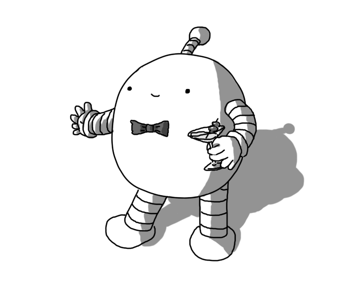 A round robot with banded arms and legs and an antenna, wearing a bowtie and holding a martini. It's holding out a hand and smiling, as if regaling a companion with an anecdote.