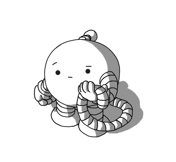A spherical robot with banded arms and legs and an antenna. It has a banded tail looping from its rear, the end of which it's holding in one hand and looking down at quizzically.