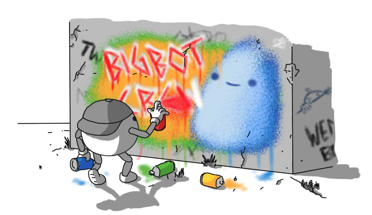 A spherical robot with jointed arms and legs, wearing a backwards baseball bat and spray-painting a crumbling concrete wall. It's spraying with a red can and holding a blue can, while a yellow and green can lie on the ground. The mural it's painted depicts a blue Bigbot against an irregular background of orange-yellow edged in green, with the words "BIGBOT CREW" next to it in red letters edged with white. There is some older, less-accomplished graffiti on the wall already, including a "Kilroy was here" version of Lurkbot from earlier in the week.