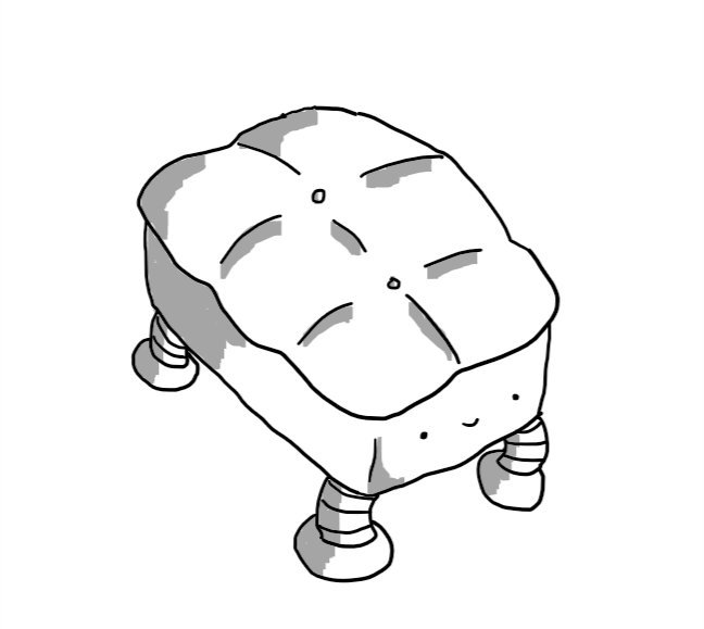 A robot in the form of a rectangular cushioned footrest with its legs replaced with banded robot legs and a little smiley face on one of the short ends.