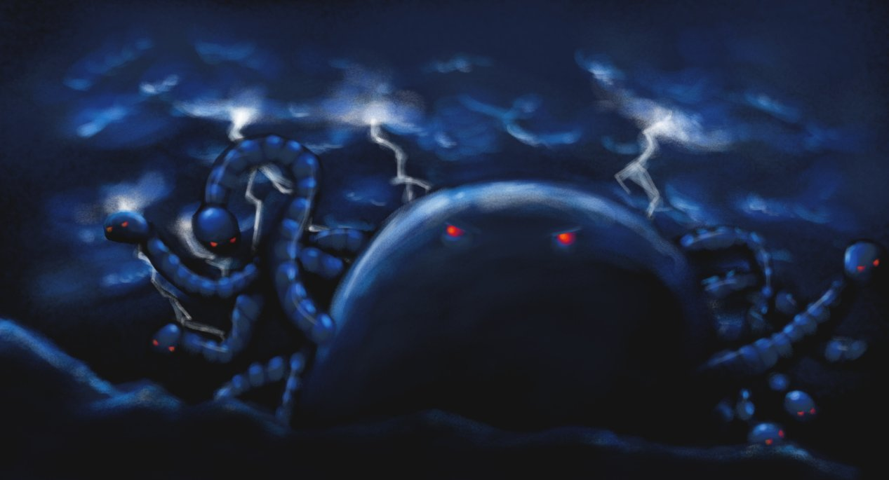 A full-colour scene of a dark ridge beneath blue roiling clouds lit by forks of white lightning, with an enormous, round robot looming over it. The robot has many banded limbs emerging from its sides, each with an ovoid head at the end. The robot and the subsidiary heads each have a pair of glowering red eyes.