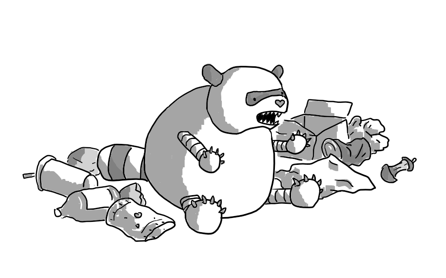 A very chubby robotic racoon that is baring its teeth and holding out its little claws, surrounded by rubbish.