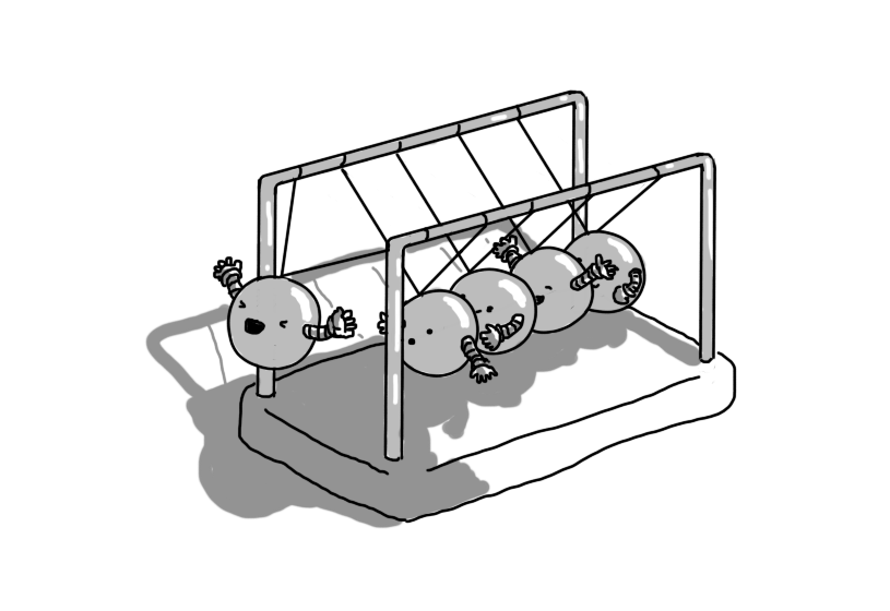 A Newton's cradle desk toy in which the spheres are spherical robots with little arms. The one at the front is swinging downwards, looking very excited, while the next looks a little concerned. The rest seem okay with the situation.