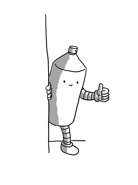 A robot in the form of a slightly dated-looking aerosol can with the cap off. It has banded arms and legs and is peeking out from behind a wall and giving an encouraging thumbs-up.