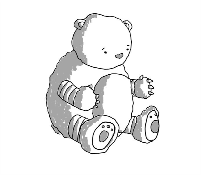 A robot in the form of a teddy bear, holding its big fuzzy paws out for a hug.