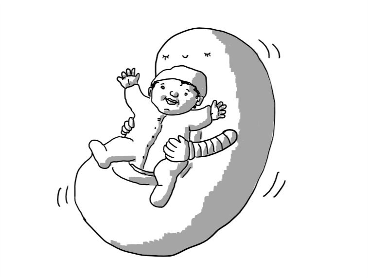 A kidney-shaped robot with two banded arms and a seat-like hollow on its innder side. A baby is nestled to it, held in place with its arms as it rocks back and forth on its rounded base. The robots eyes are closed and it smiles beatifically beneath long eyelashes.