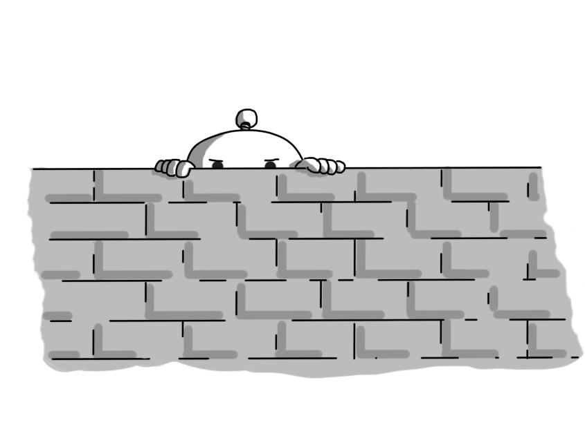 A round robot with an antenna, peering over a brick wall. Only the top part of it and its fingers are visible, and it seems to be frowning severely.