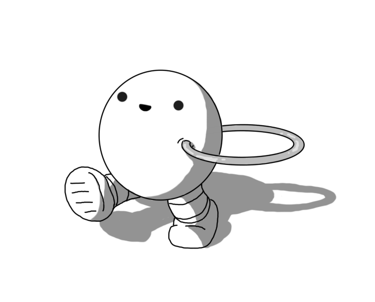 A spherical robot with banded legs, walking along cheerfully. A shiny hoop with roughly the same diameter as the robot itself pierces it on one side, held out horizontally.