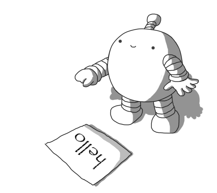 A round robot with banded arms and legs and an antenna, pointing at a sheet of paper with "hello" typed on it, looking up and smiling.