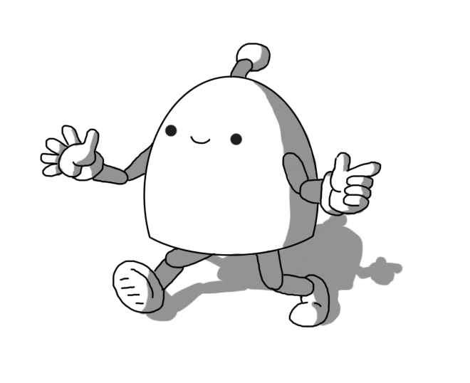 A bell-shaped robot with jointed arms and legs and an antenna. It's walking along smiling, pointing with one hand and waving with the other.