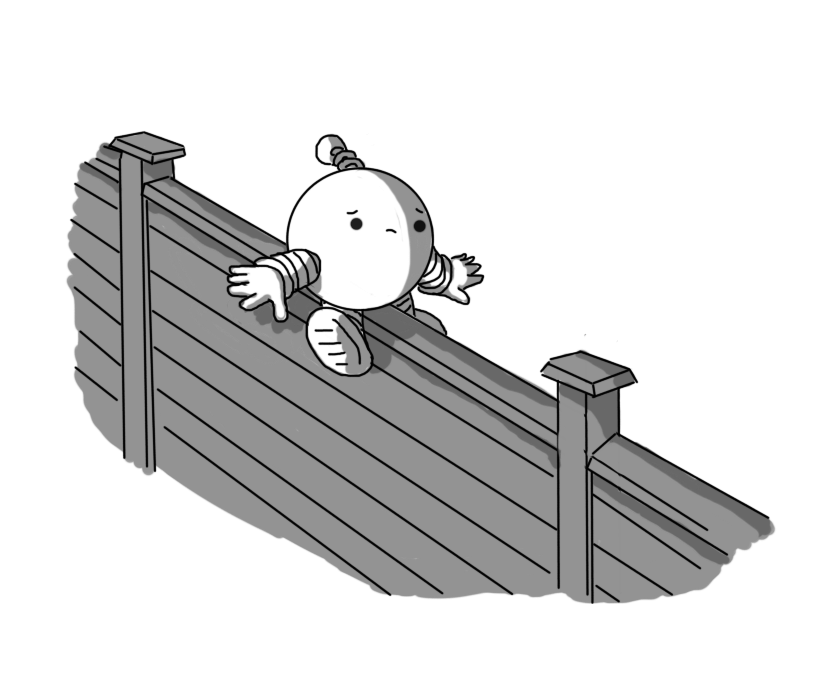 A spherical robot with banded arms and legs and a coiled antenna, perched awkwardly atop a fence. Its holding out its arms, looking very uncertain of itself.