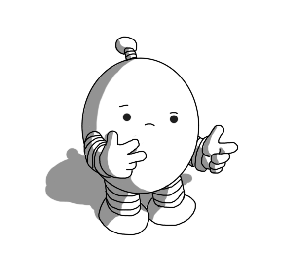 An ovoid robot with banded arms and legs and an antenna, counting up on its fingers and looking down doubtfully at them.