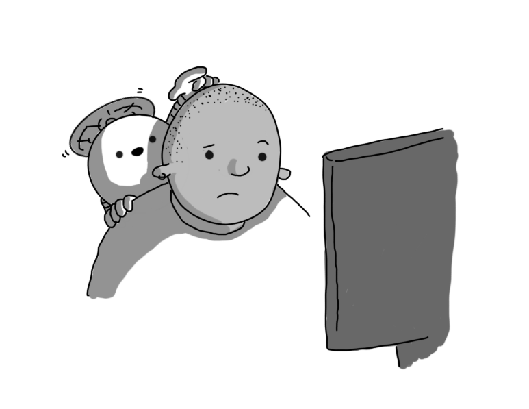 A person peers doubtfully at a computer monitor while a spherical robot with banded arms, held aloft by a propeller on its top, peers over their shoulder and points towards the screen.