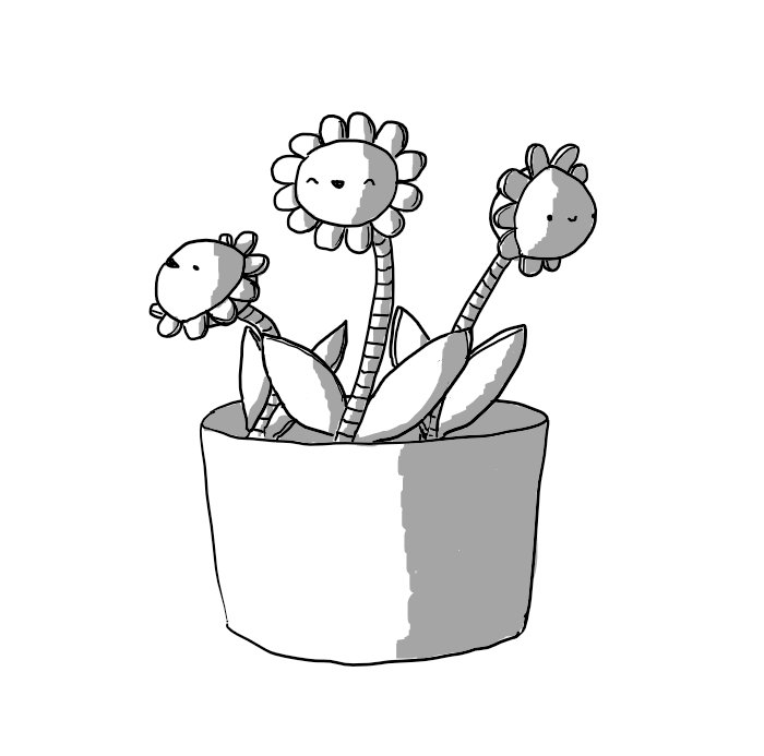 Three robotic flowers in a flowerpot. Each flower consists of a banded stem flanked by two leaf-like panels and a spherical head longitudinally bisected by a ring of even, curved petals. All the robots are smiling happily.