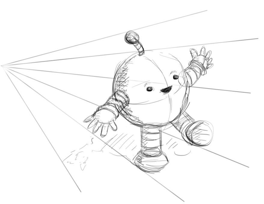 A spherical robot with banded arms and legs and an antenna, walking along and waving happily. However, it's drawn in sketched pencil lines, with visible outlines of each component and scribbled shading. A number of faint perspective lines intersect it, meeting at a point to its left.