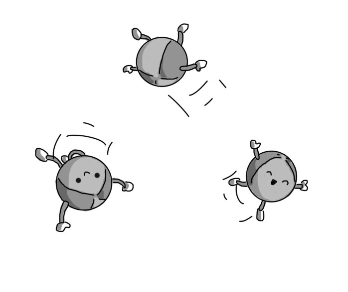 Three robots in the form of juggling balls with arms and legs, jumping in a triangular formation and seemingly enjoying themselves very much.
