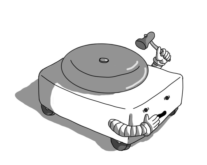 A low, cuboid robot with wheels on its underside and two banded arms positioned towards the near ends of its long sides. Its face is on a short side and it has a large domed bell on its back. The robot looks frightened and is holding one hand over its mouth as it raises a small hammer with the other, poised to strike the bell.