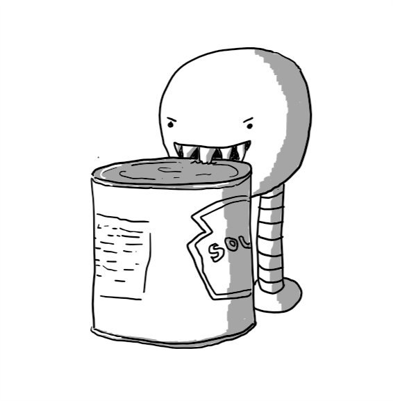 A round robot on two tall, banded legs. It has a wide, fang-filled mouth and is biting into the lid of a soup can with obvious relish.