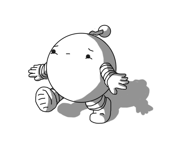 A spherical robot with quick short banded arms and legs and a zigzag antenna. It's walking along, hands held slightly out at its sides, with a worried look on its face.