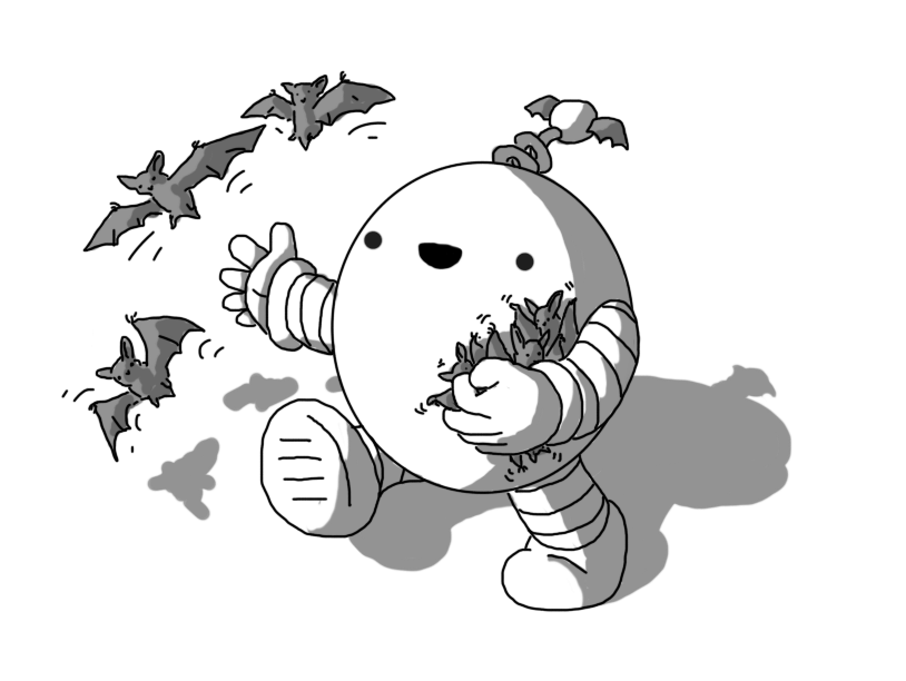 A happy ovoid robot with banded arms and legs and an antenna - the bobble of which has little bat wings on it - is walking along with an armful of wriggling bats as it throws three more into the air with its other hand.
