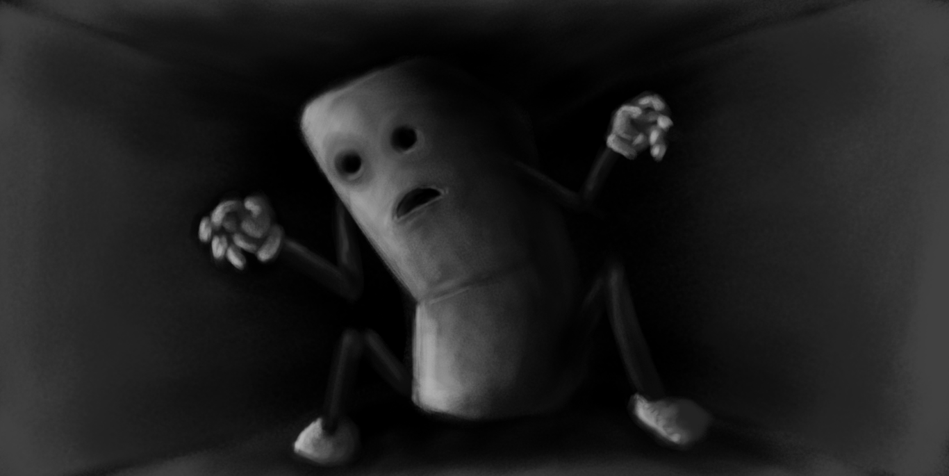 A vaguely rectangular robot with jointed arms and legs, bent into the darkened corner of a room, looming out of the shadows, hands outstretched. Its eyes are empty, bored holes in its surface and its mouth a gaping, down-turned slash.