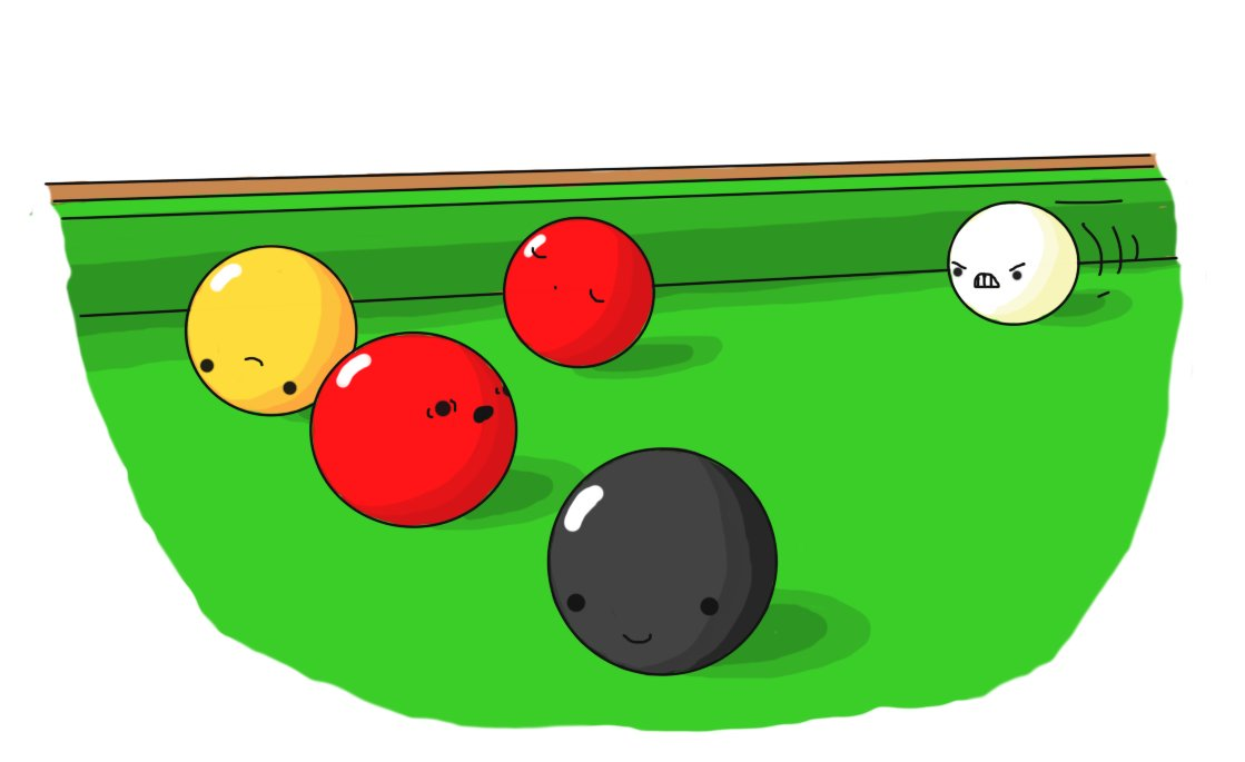 A view of part of a billiards table, felted with green baize, on which are positioned several spherical robots. Two are red, one yellow and one black, while a white one rockets towards them. The black and yellow are looking away, smiling without concern, while one red regards the approaching white with terror, and its counterpart remains obliviously asleep.