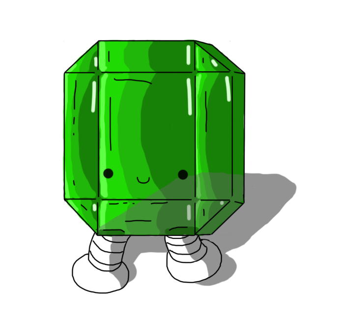 A robot in the form of a green gemstone, shaped in a sort of very basic emerald or possibly baguette cut, with banded legs on the bottom and a happy face towards its lower end.