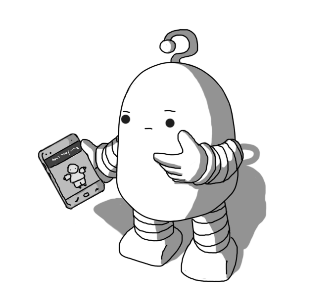 A round-topped robot with banded arms and legs and a question mark shaped antenna, peering down thoughtfully at a phone as it rubs its chin. The phone displays a picture of one of @muckypup's name the band/arist clues, showing a little chubby person with their arms extended.