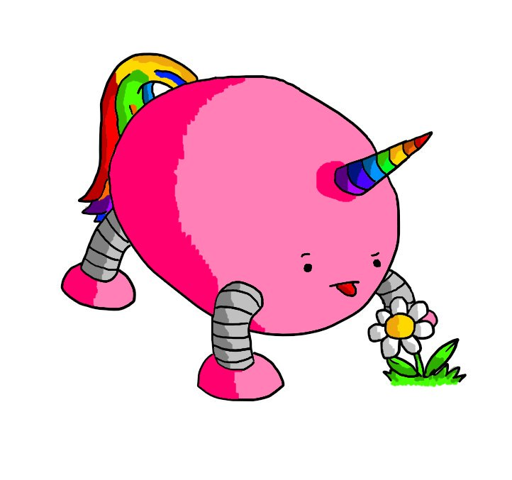 A pink, ovoid robot with four legs. It has a horn on its forehead, striped in rainbow colours and an equine tail in the same scheme. It's leaning over a daisy growing from the ground and making a confused face as it sticks out a little red tongue towards it.