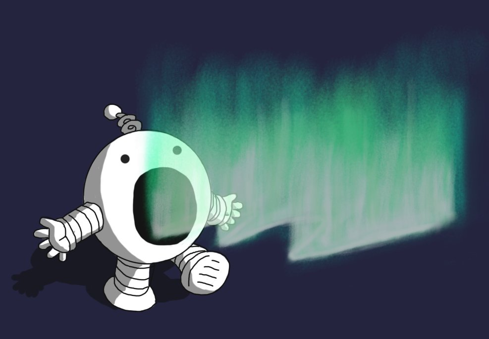 A round robot with banded arms and legs and a coiled antenna against a dark background. It's opening its mouth wide and a shimmering, green aurora is emerging from it, hanging before it in the air.
