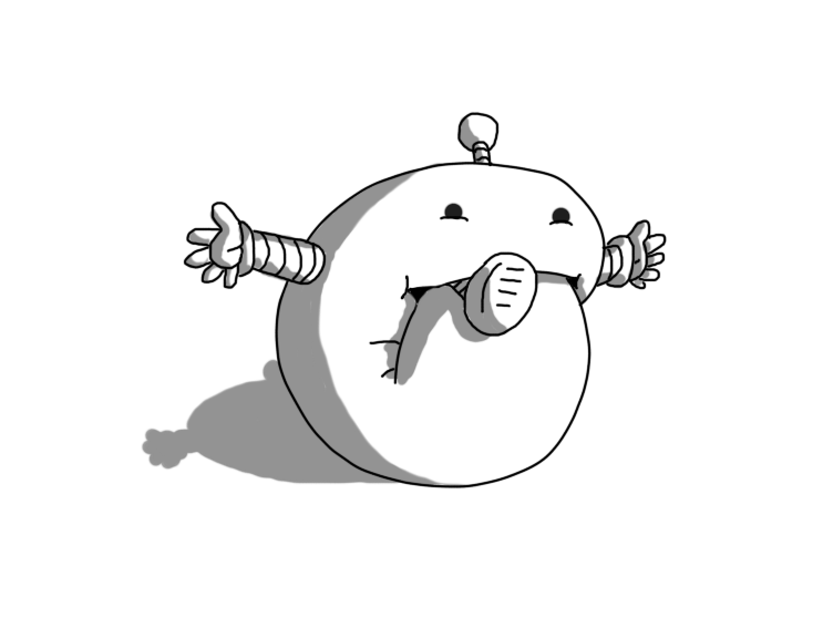 A sort of long, amorphous robot with banded arms and legs and an antenna. Its bottom end is shoved into its mouth so it's curled right around into a ball, and one of its legs is poking out of its mouth. Its arms are extended to either side. It doesn't look unhappy with the overall situation.
