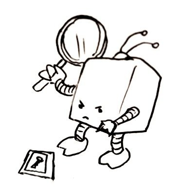 A cuboid robot with a fierce, determined expression carrying a magnifying glass almost the size of its entire body. It is pointing to a key on the ground.