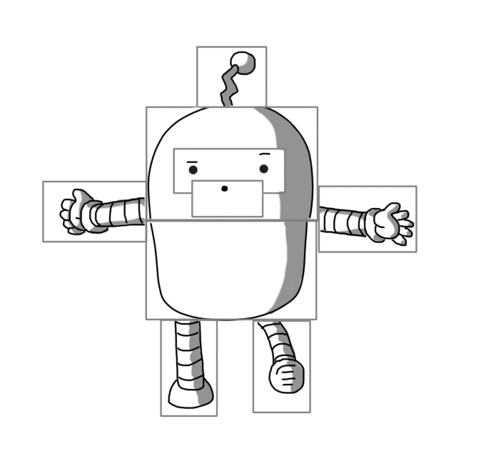 A selection of overlapping rectangles that each contain part of a robot, roughly arranged into a full picture, in the manner of a witness composite. The robot depicted has a rounded top, banded arms and legs, a zigzag antenna and a surprised expression on its face.