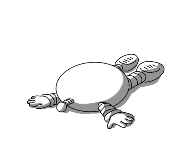 An ovoid robot with banded arms and legs and an antenna that has fallen over onto its face and is now splayed out on the ground.