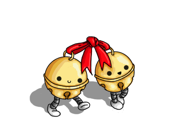 Two robots in the form of spherical golden bells, tied together with a red ribbon. The robots are smiling and have banded legs.