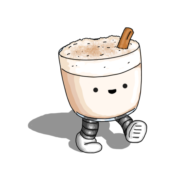 A robot in the form of a small tumbler of eggnog, with banded legs on the bottom and a happy little face. It has a stick of cinnamon in its frothy head, and a scattering of nutmeg or possibly more ground cinnamon on the top.