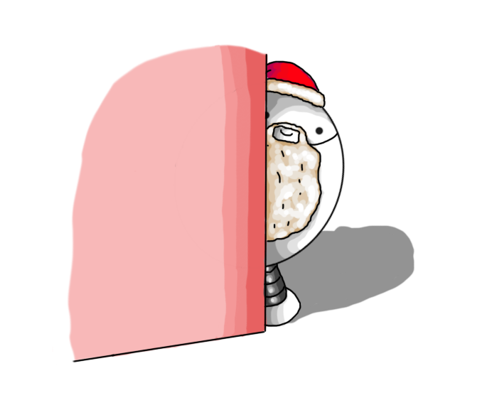 Santabot - which is to say, Bigbot wearing a false beard and a Santa hat - peeking out from behind a wall.