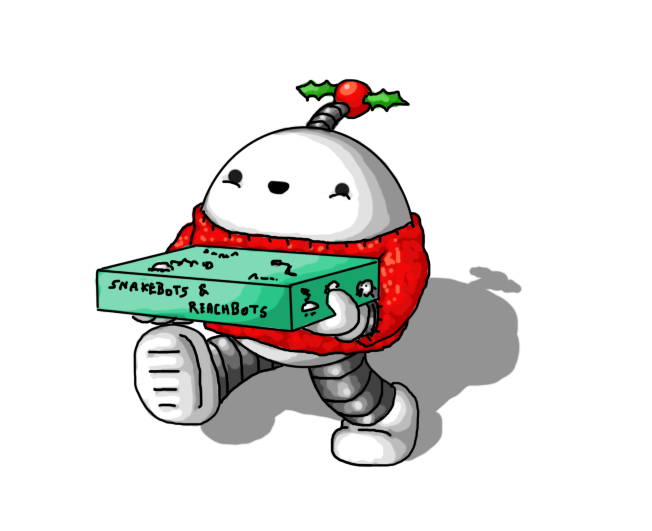 A happy little ovoid robot with banded arms and legs and an antenna. It's wearing a red woolly jumper and its antenna bobble is bright red with two green holly leaves attached to it. It's holding a teal box labelled "Snakebots and Reachbots".