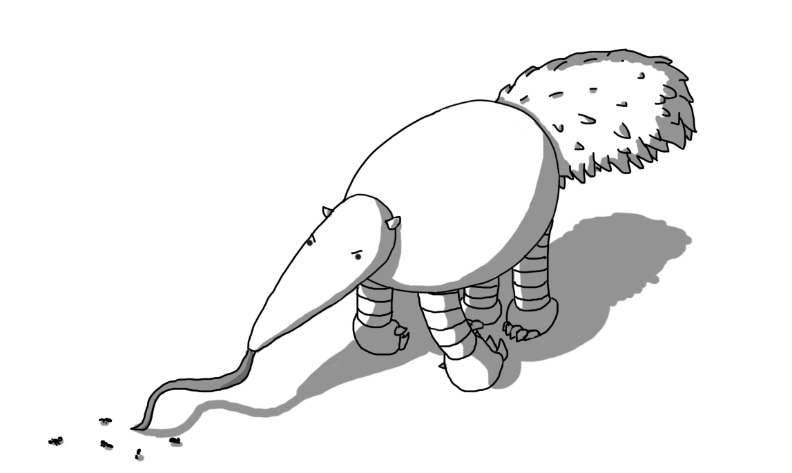 A robot in the form of a giant anteater, complete with big bushy tail and clenched front feet for knuckle walking. A long, flexible tongue is issuing from its conical head as it angrily slurps up a number of ants crawling on the ground in front of it.